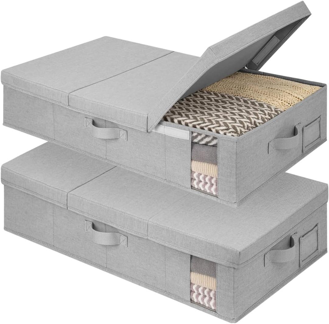 StorageWorks 2-Pack Large Under Bed Storage Bins with Lids, Underbed Storage Containers with Handles and Label Holder, Closet Organizer for Clothes, Blankets, Sweater (Grey)