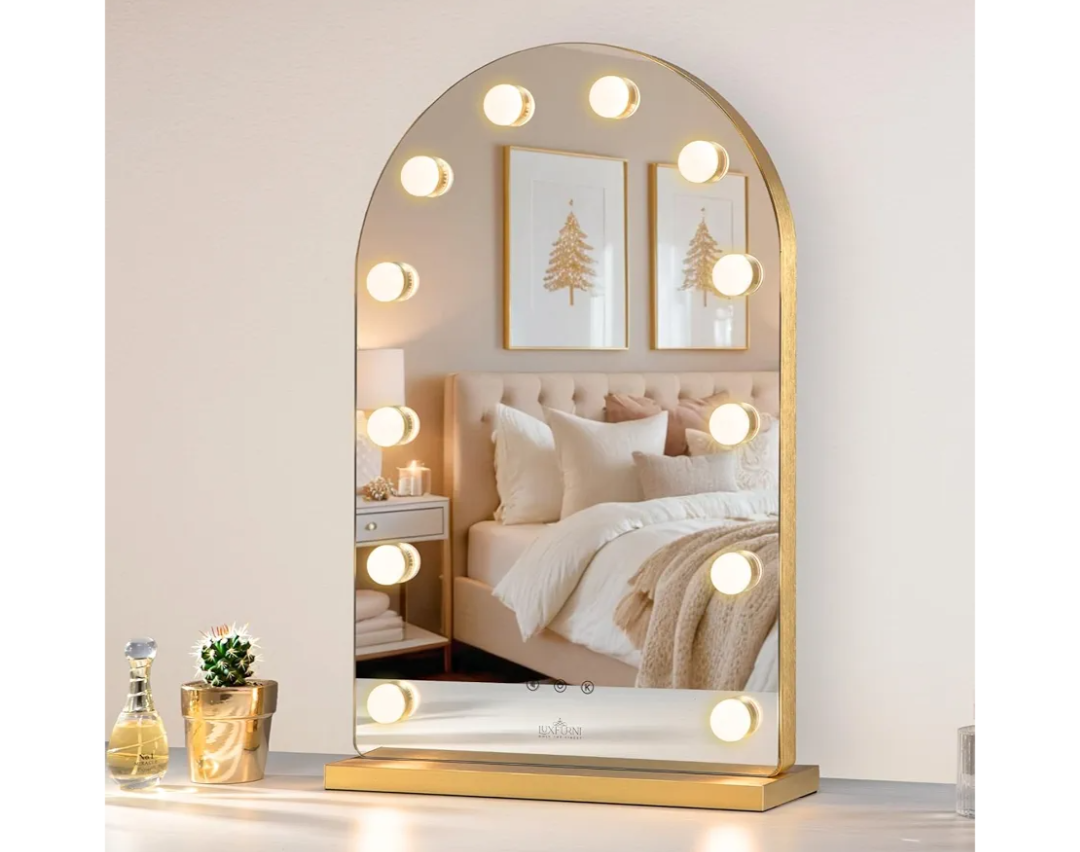 LUXFURNI Hollywood Mirror with Lights Makeup Mirror for Bedroom, Large Vanity Lighted up Mirror with 12 Dimmable Bulbs Smart Touch Control 3 Color Lighting Modes(Gold)