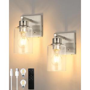 Rayogale Wireless Wall Sconces, Nickel Battery Operated Wall Sconce Set of 2 with Timer Function, Easy Install Dimmable Rechargeable Wall Lamps for Living Room, Bedroom, Hallway, Entryway Decor 3000K