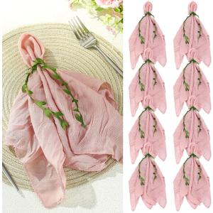 HunnmingRe 80 Set Dusty Pink Cheesecloth Napkins with Napkins Ring 18 x 18 Inch Gauze Sage Cloth Napkin Cotton Reusable Dinner Leaf Ribbon Rustic Linen Table for Wedding Baby Shower Event Party