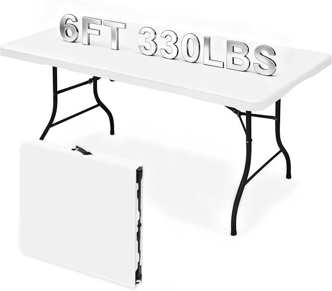 6ft Folding Table, Portable Fold-in-Half 6 Foot Foldable Table, Table of Utility Dining Indoor Outdoor with Carrying Handle for Camping Picnic and Party, White