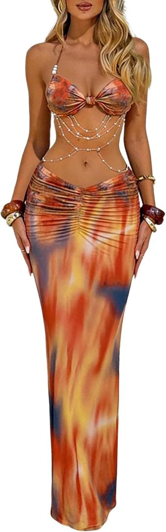 Women's Two Piece Maxi Skirt Sets Summer Beach Sexy Ruched Backless Pearls Chain Decor Crop Top and Cut Out Skirt, XS