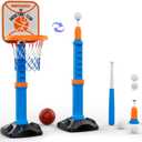2 in 1 Toddler Basketball Hoop and T Ball Set with Automatic Pitching Machine - Adjustable Height, Kids Basketball Hoop Suit for Indoor Outdoor Sport Toys Gifts for Toddler Boys Girls Age 2-8 (Blue)