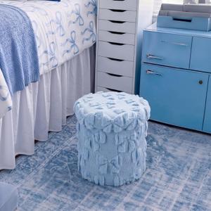 RattanView Storage Ottoman Dorm 12 Inch Blue Bow Round Ottoman Dorm Back to School Coquette Foldable Foot Rest Stool with Lid for College Dormitory Bedroom Office