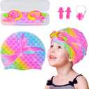 Kids Swim Caps for Girls, Toddler Silicone Swimming Cap for Kids, Durable Comfortable Swimming Caps for Girls (Age 6-12, Rainbow Mermaid)