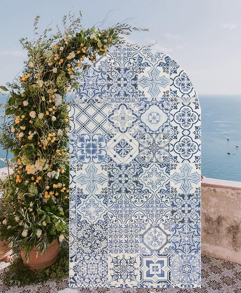 Arch Backdrop Covers Porcelain Party Decor Mediterranean Tiles Blue Arched Photography Background Stand Covers for Banquet Baby Shower Parties (W90cm H180cm (35'' by 72'')