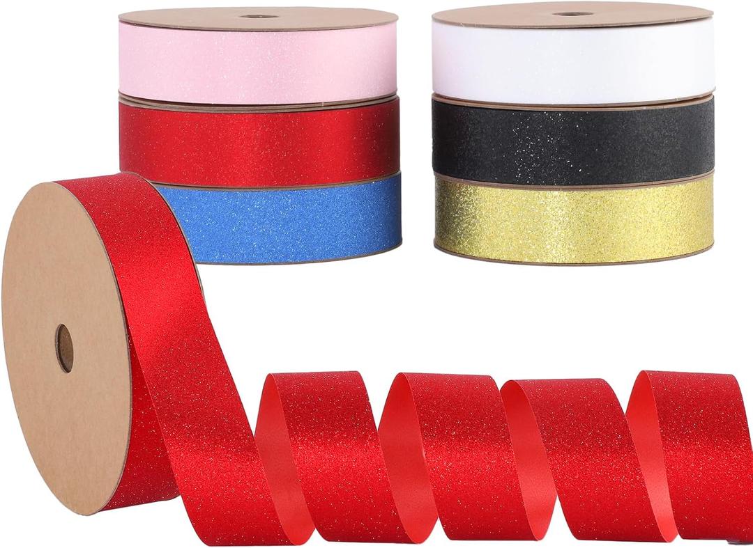 Glitter Solid Ribbon for Gift Wrapping Floral Bouquets Wedding Party Decoration Bows Gift Wrapping Floral Arrangement (Mixed Colors, 1inch x 50yards x 6pcs)