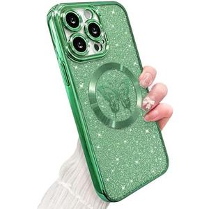 ZONRW for iPhone 13 Pro Case Magnetic, Soft Cute Luxury Butterfly Pattern Plating Glitter Bling Phone Case Compatible with Mag Safe Clear Shockproof Back Cover for Women Girl 6.1"-Green