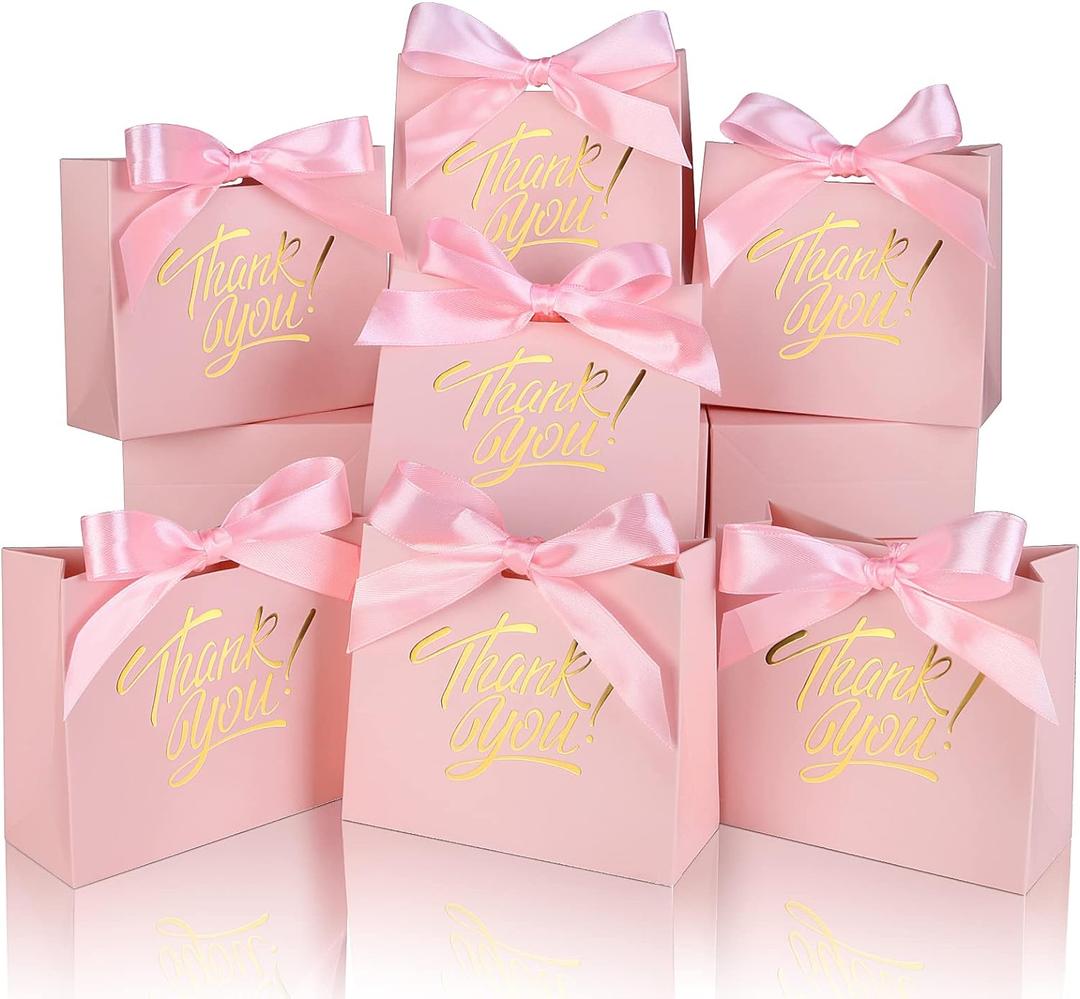 100 Pack Small Thank You Gift Bags, 4.5x1.8x3.9in Party Favor Bags Boxes with Bow Ribbon, Small Paper Gift Bags with Gold Foil Printed, Mini Candy Treat Bags for Birthday Wedding Party Holiday
