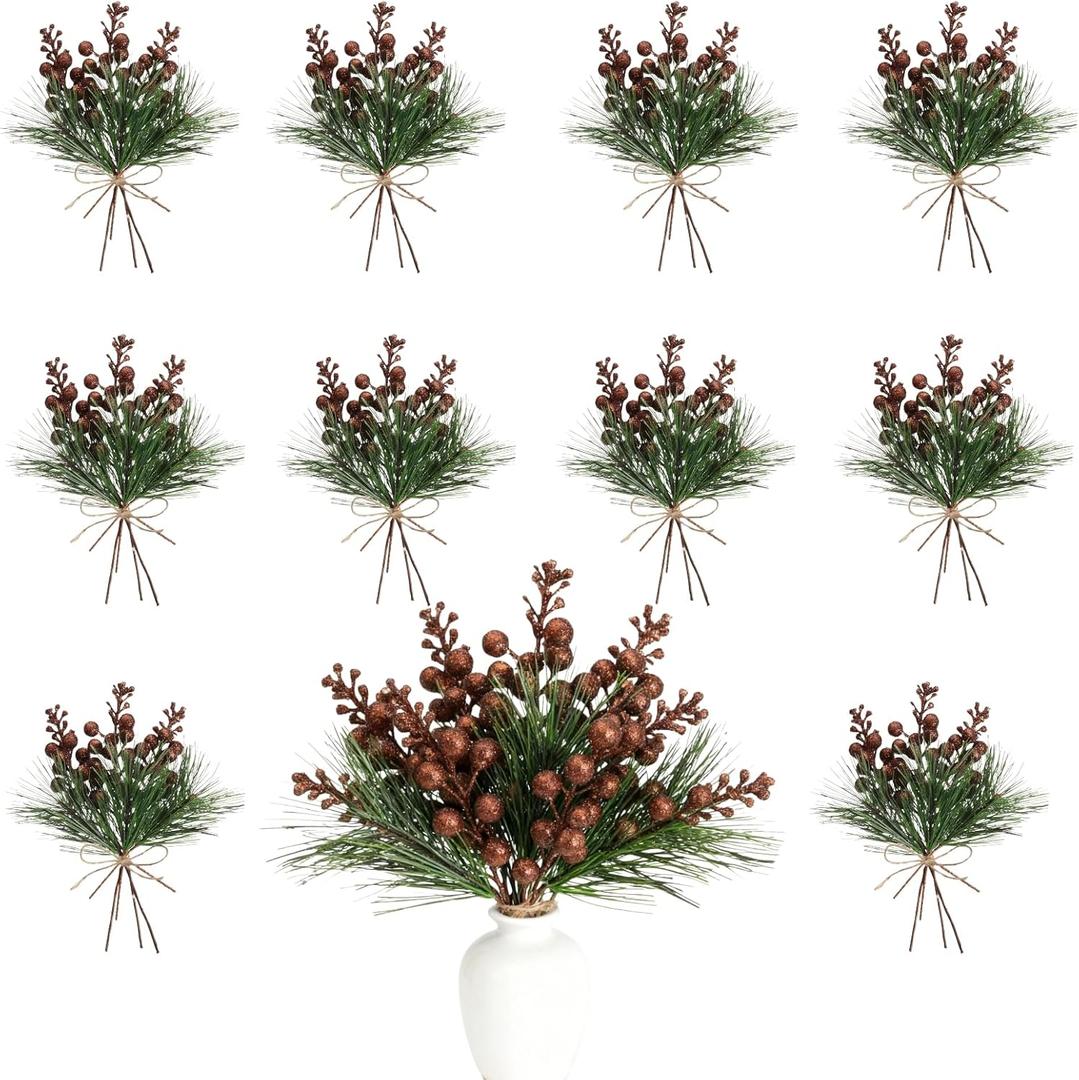 Geosar 24 Pieces Blue Christmas Artificial Greenery Pine Branches Small Holly Artificial Berries Picks Bulk for Crafts Wreath Decoration Xmas Tree Party Gift for Christmas Holiday Decor