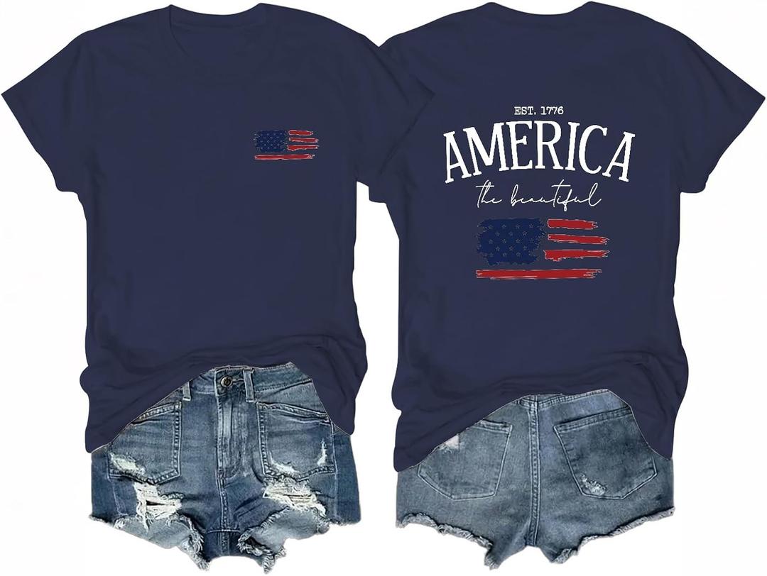 Women's 4th of July Outfits USA Shirt Memorial Day Red White and Blue Patriotic Shirts American Flag Graphic Tops (Large, Tee-blue-2)
