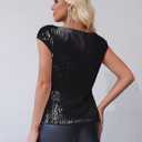 FOLUNSI Womens Sparkly Sequin Tops Cowl Neck Cap Sleeve Glitter Evening Cocktail Blouse Party Shirt (Black)