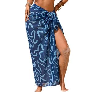 Herseas Women's Sheer Sarong One Size Swim Suit Coverups High Slit 2026 Summer Navy Blue Wave Print Chiffon Wraps Knot Side Beach Swim Suit Cover Up Fashionable Casual Vacation Outfits One Size