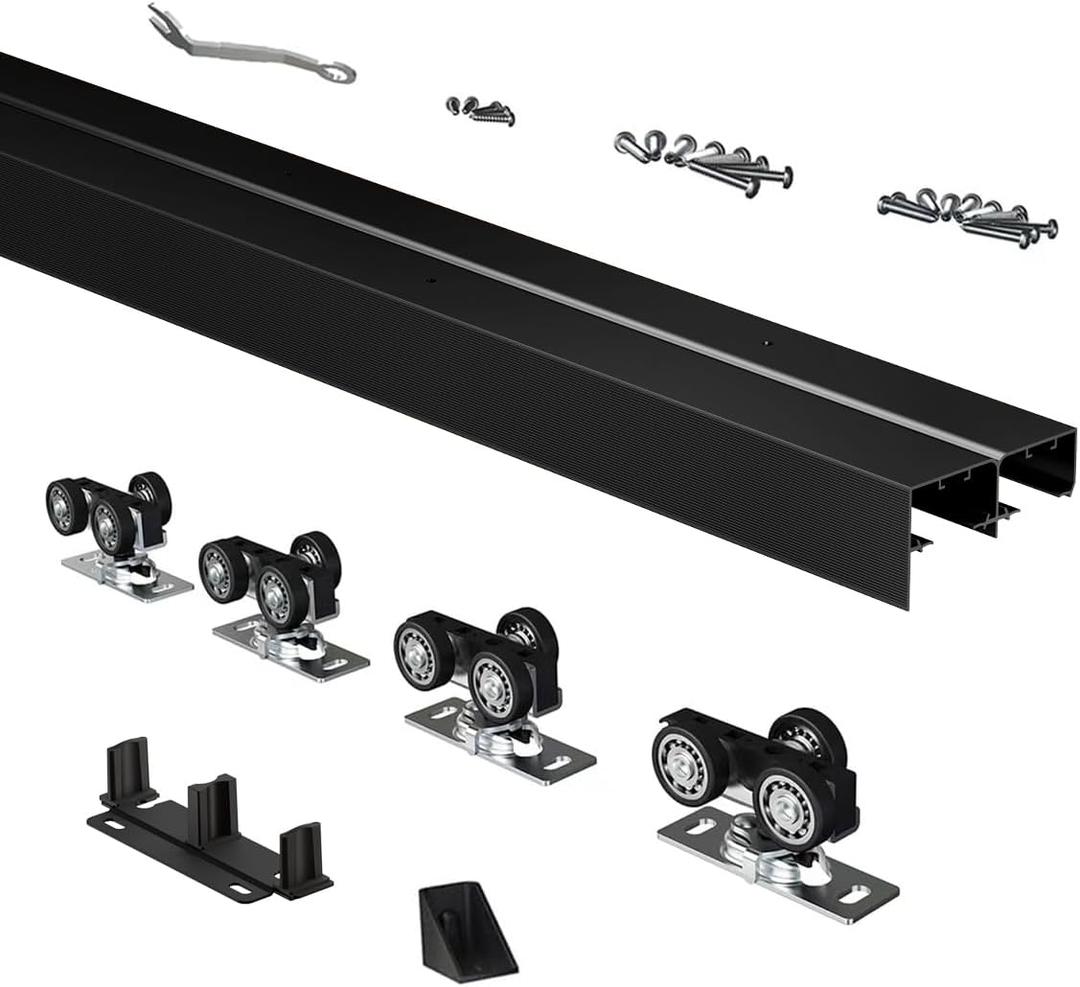 Heavy Duty Bypass Sliding Closet Door Track Hardware 48", 4 FT Aluminium Pocket Door Track Rail Set, Smoothly and Quietly, for 2 Door System,Black