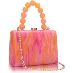 Acrylic Purses Evening Clutch Bag Marbling Handbags for Women Cross Body Bag with Pearl Chain Formal Wedding Prom Party (Orange 1)