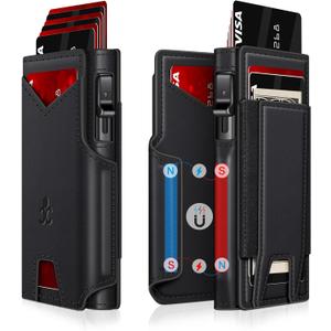 Wallet for Men Wallet with Slim Pop Up Card Holder 9-13 Cards, Bifold Minimalist Smart Wallet RFID Blocking Credit Card Holder with ID Window & Stretchable Cash Slot Compact Metal Aluminum Card Case (Black)