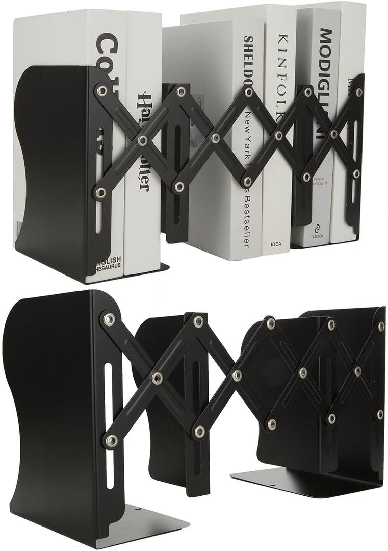SHUESS 2 Pack Adjustable Bookends Metal Expandable Bookends for Heavy Book Holder, 2 Dividers, Black Book Stoppers to Hold Books Heavy Duty, Desk Book Ends for Shelves for Office & School (Blak)