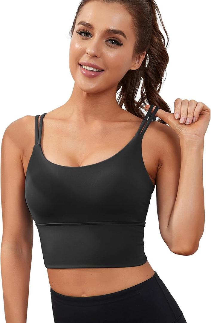 Everrysea Sports Bras for Women High Support Longline Workout Tank Tops Built in Bra Strappy Yoga Padded Crop Top (Medium, Black)