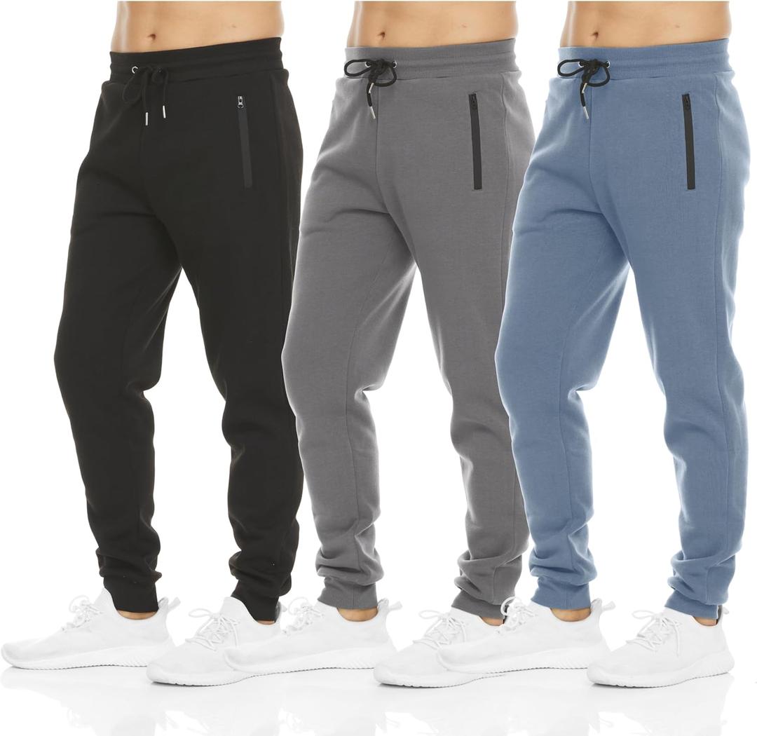 PURE CHAMP Mens Sweatpants 3 Pack Fleece Active Athletic Workout Jogger Sweatpants for Men with Zipper Pocket (XL, Black, Deep Gray, Celestial Blue)