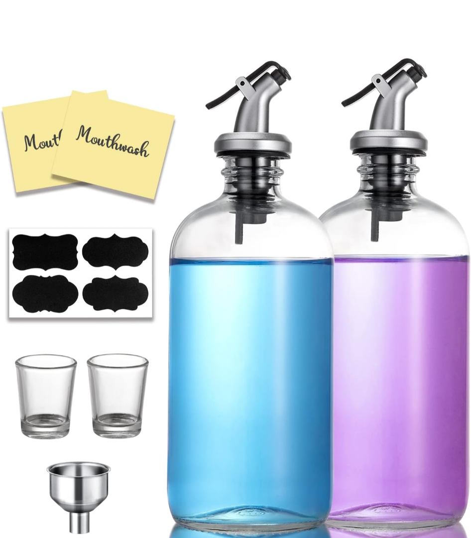 AOZITA 16-Ounce Glass Mouthwash Dispenser - Clear Glass Bottle with Pour Spout, Shot Glass, Funnel and Labels, Refillable Boston Round Bottles - 2 Pack
