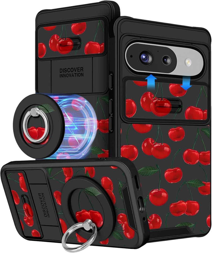 Buleens for Google Pixel 9 Case/Pixel 9 Pro Case - with Ring Stand & Camera Cover Aesthetic Cute Designed Women Girls Girly Pretty Kawaii Cherry for Pixel 9/9 Pro Phone Case Compatible with Magsafe