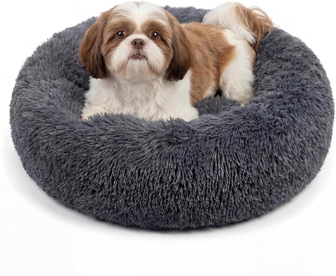 Calming Donut Dogs Beds for Small Dogs Washable,23inch Plush Round Pet Bed for Cozy Sleep,Fluffy Faux Fur Large Cat Bed,Fits up to 25 lbs Pets, 23 inches, Dark grey
