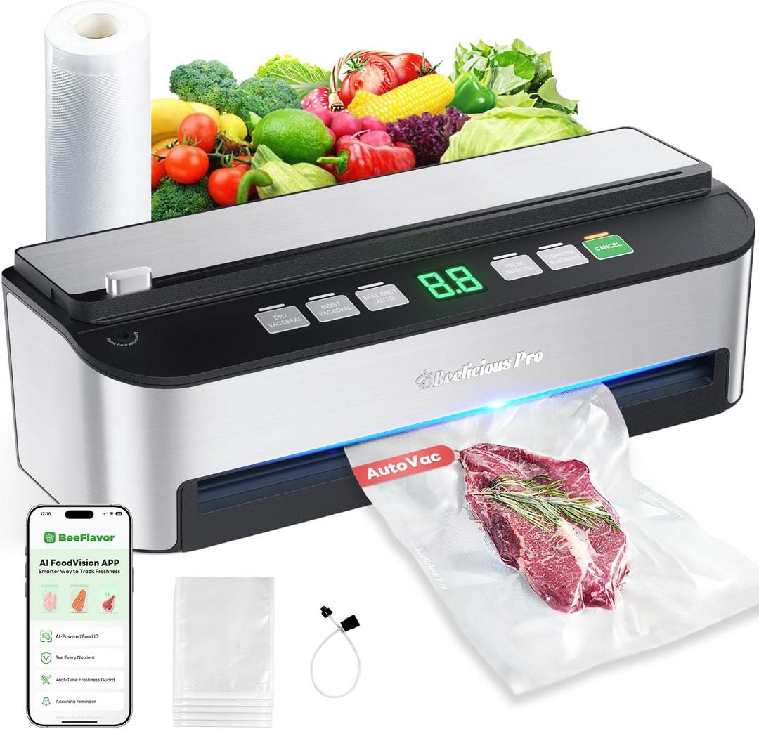 Vacuum Sealer Machine, Beelicious® 85KPA Fully Automatic 8-IN-1 Food Sealer with Bags Storage, Build-in Cutter, Moist Mode and Air Suction Hose | Digital Countdown | Sous Vide