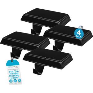 BIRDROCK HOME 4pk Flat Top Holiday Stocking Holder for Mantle | Black Finish with Non-Scratch Base | Fireplace Hook for Christmas Stockings Decor