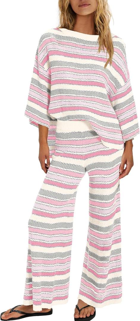 ReachMe Womens Oversized Striped 2 Piece Sets Sweater and Wide Leg Pants with Pockets Pajama Lounge Sets Casual Outfits, Size: Medium
