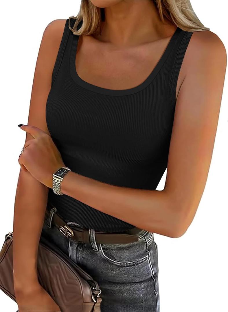 Roselux Women's Sleeveless Scoop Neck Fitted Tank Top Ribbed Knit Casual Basic Cami Shirts, L