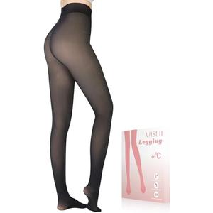 UISLII Fleece Lined Tights Women, Warm Pantyhose leggings Women, Fake Translucent Thermal Skin Colored Tights for Winter(Black Foot Medium -Medium Height)