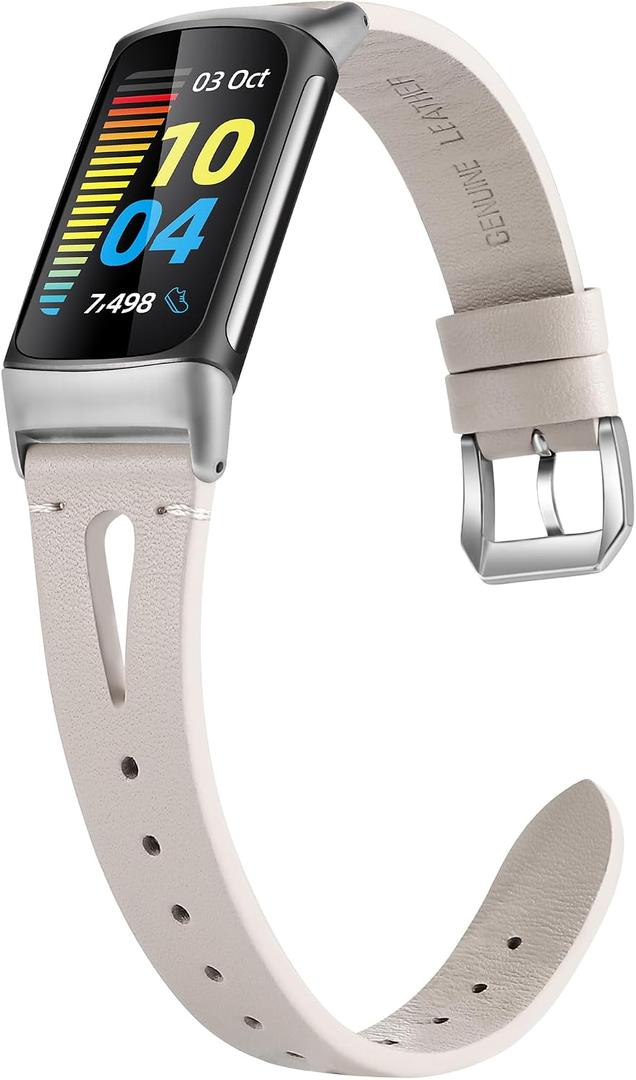 Wearlizer Compatible with Fitbit Charge 6 Bands/Charge 5 Bands for Women Men, Slim Leather Band Thin Watch Replacement Strap Wristband Accessories for Charge 5 6 Band, Starlight