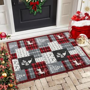 Washable Entry Rug 2x3 Small Christmas Living Room Rugs Xmas Decor Patchwork Bedroom Throw Carpet Non Slip Indoor Outdoor Holiday Door Mat Christmas Tree Area Rugs for Dining Room Kitchen Nursery, Red