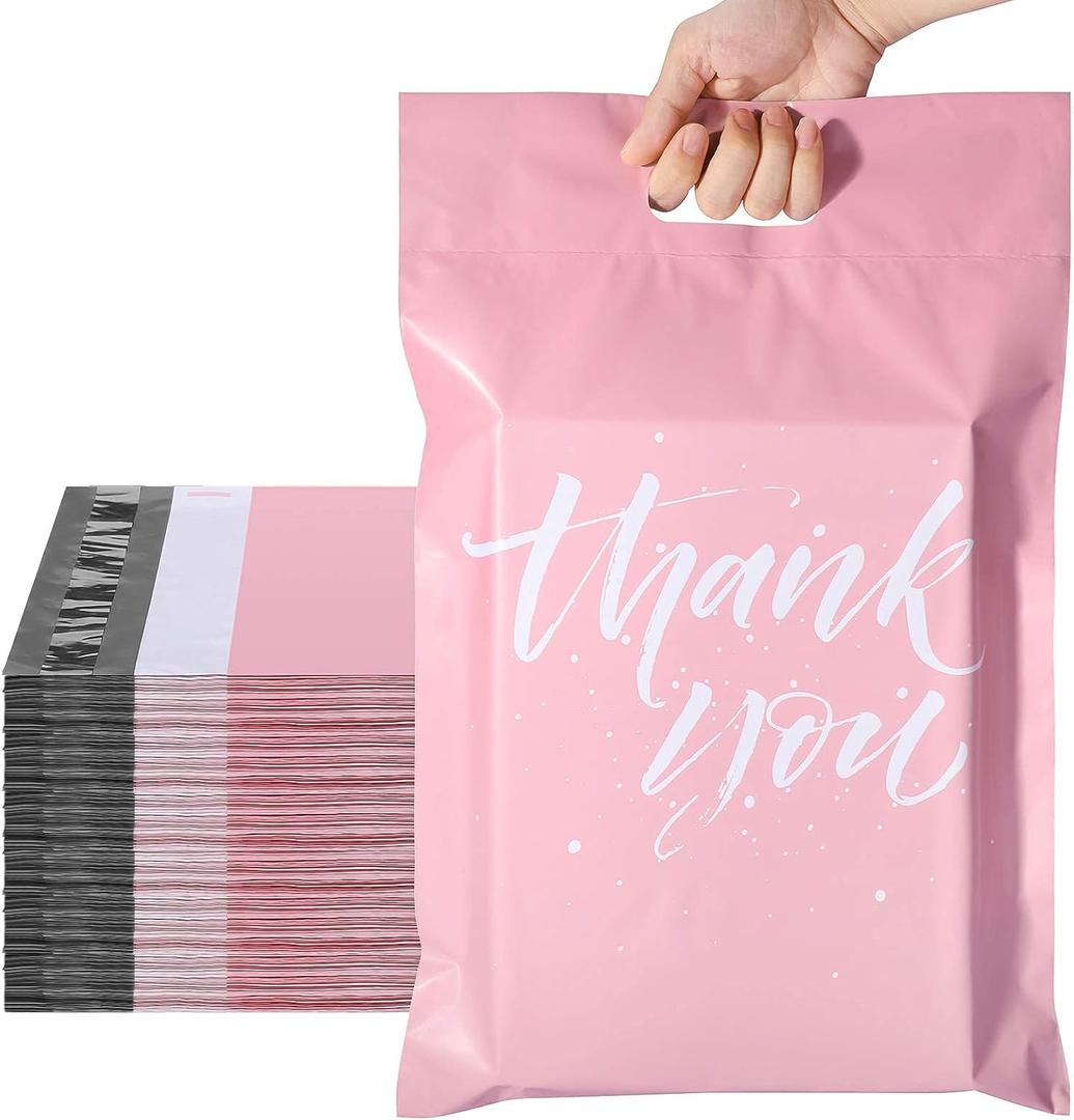 Metronic Thank You Poly Mailers 10x13 100 Pcs, Easy to Carry Shipping Bags with Handle, Self Seal Mailers Poly Bags for Small Business Packing and Shipping, Cute Package Bags Mailing Bags, Pink