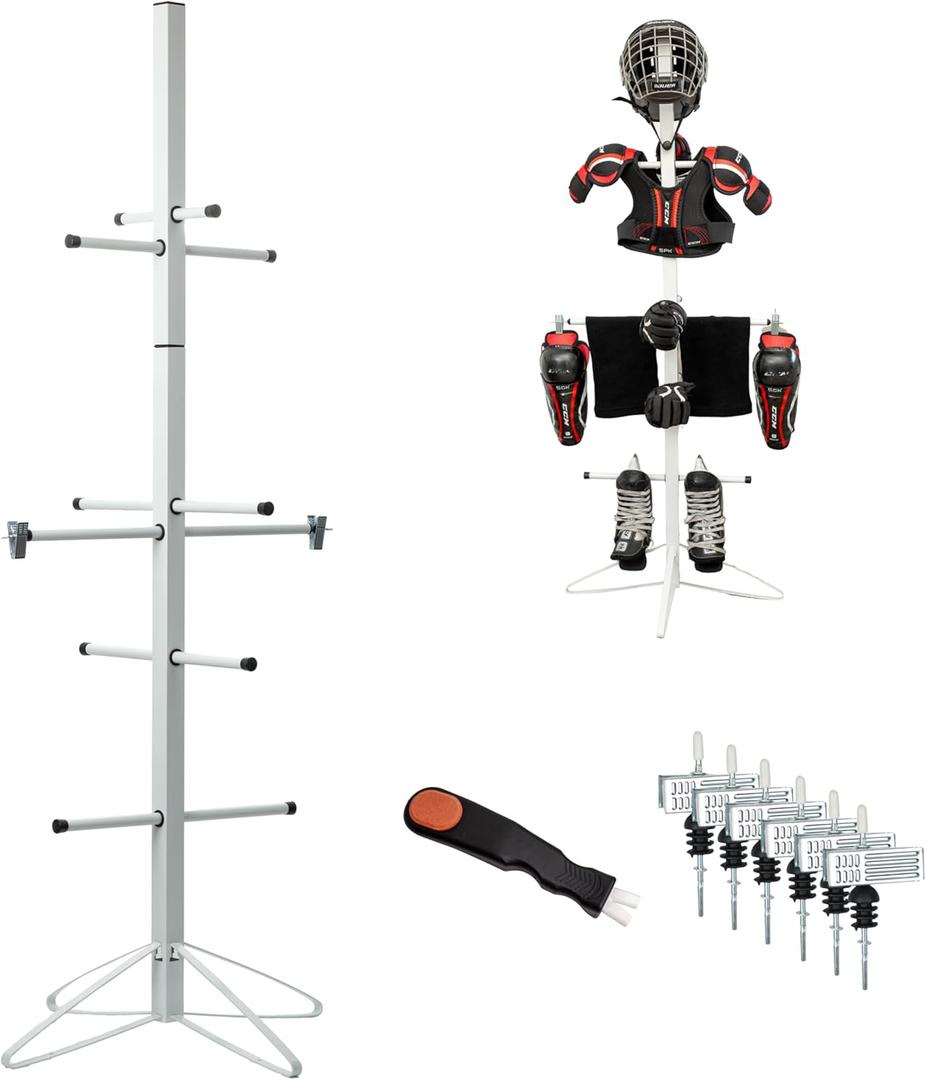 Ceaz Hockey Gear Drying Rack - Metal Tree Dryer Stand for Hockey Equipment - Organizer to Dry and Store Sports Gear - Includes Skate Sharpening Tool and 6 Hanging Clips