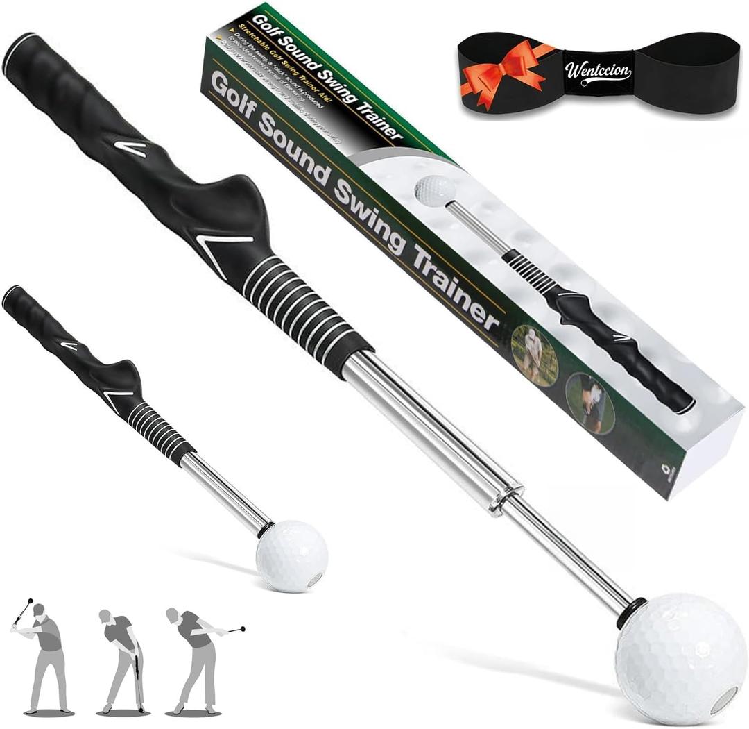 Retractable Golf Swing Training Aid - Portable Grip Trainer with Click Feedback for Right Handed Golfers, Portable Swing Tempo Trainer with Arm Band for Indoor & Outdoor Practice