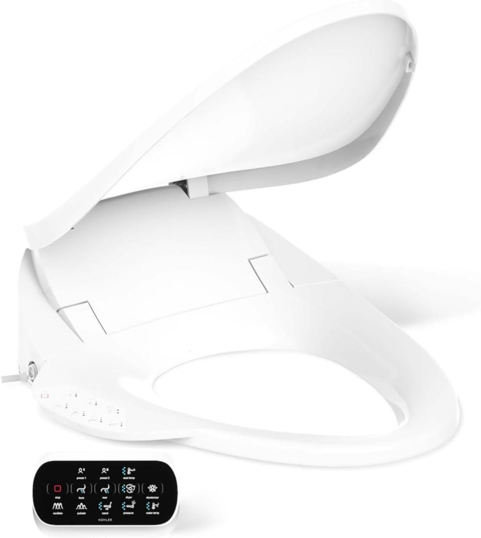 KOHLER PureWash E750 Elongated Heated Bidet Toilet Seat, White with Touchscreen Remote Control, Quiet-Close Lid, Self-Cleaning Wand, Adjustable Water Pressure and Nightlight (White)