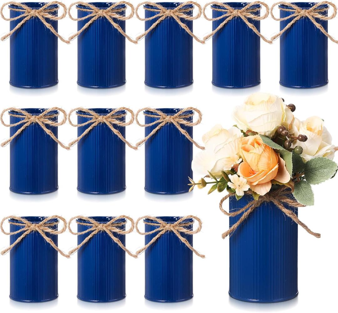 Rustic Vase for Table Centerpieces 4.33 Inch Small Petite Flower Vase with Twine Bow Vintage Farmhouse Decor for Wedding Reception Dining, Home Galvanized Metal Buckets(Dark Blue,12 Pcs)