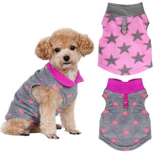 Rbenxia 2 Piece Grey and Pink Dog Heart Sweater with Leash Ring Soft Fleece Vest Dogs Pullover Warm Jacket Pet Dogs Clothes Winter Dog Outfits for Small Puppy Cat Pets (Small, Stars+Heart)
