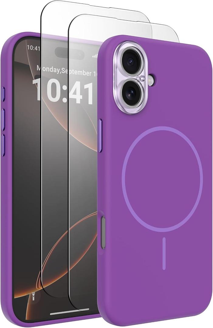 Magnetic Silicone Case for iPhone 16 Case with 2 Screen Protector, Upgraded Hard Acrylic Camera Protector Soft Slim Stylish Cute Phone Cover Compatible with MagSafe, Purple