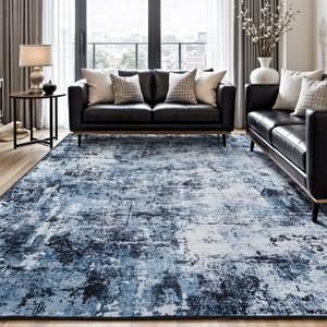 Rugflix 9x12 Area Rugs for Living Room, Washable Large Rug Stain-Resistant Low Pile, Modern Dark Carpet for Dining Room Home Office Kid Room Nursery Bedroom, Navy Blue/Black