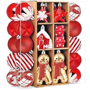 SHareconn 65pcs Christmas Tree Ornaments Set, Shatterproof Christmas Gingerbread Man Balls Bulk Gift Boxes, Hanging Plastic Decorative Baubles for Xmas Trees Decorations, Holiday Party, Red White (65CT) (Designs May Vary)