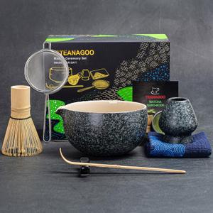TEANAGOO Matcha Whisk Set Black,7 Pcs Matcha Set,Matcha Kit for Ceremony,Matcha Tea Set for Making Breakfast/Latte,Matcha Whisk Set with Bowl(Chawan)/Whisk and Holder,Gift for Matcha Lover (Charcoal Black 1)