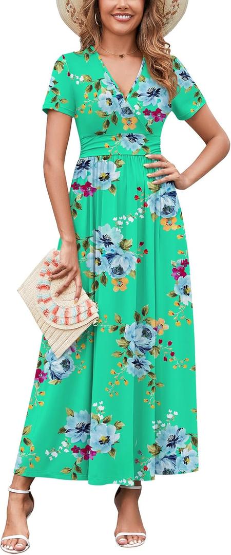 WEACZZY 2026 Summer Long Dresses for Women Wrap Empire Pleated Waist V Neck Short Sleeve Elegant Maxi Dress with Pockets (XXL)