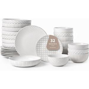 32-Piece Luxury Dinnerware Set,Complete Plates and Bowls Set for 8,Upscale Ceramic Dish Set for Hosting, Holidays & Family GatheringsMicrowave & Dishwasher Safe (Mixed Embossment)