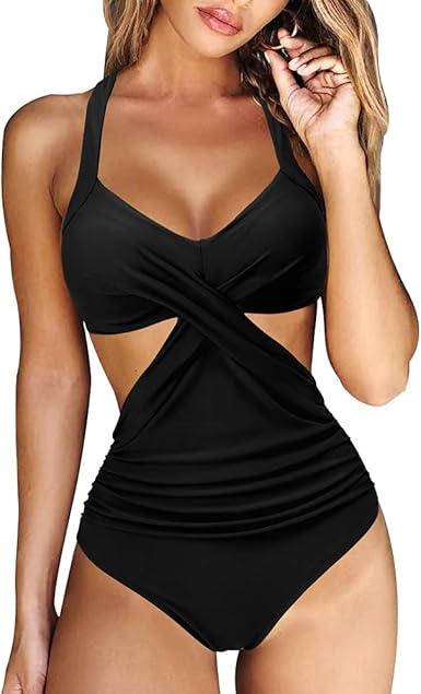 RXRXCOCO Women Front Cross CutOut One Piece Swimsuit Tummy Control High Waisted Monokini Bathing Suit L