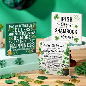 Qunclay 3 Pcs St Patricks Day Decorations for Table Irish Blessing Wood Sign Shamrock Rustic Home Office Tabletop Shelf Desk Decor for St. Patrick's Day Irish Festival Party Decor Supplies