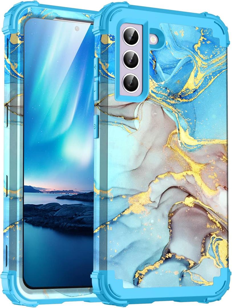 for Galacy S21 5G Case,Marble Design Three Layer Heavy Duty Shockproof Protection Hard Plastic Bumper Soft Silicone Rubber Drop Protective Cover Case for Samsung Galaxy S21 6.2 inch,(Blue)