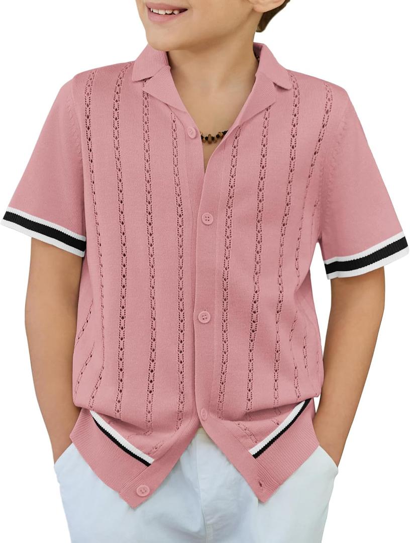 Arshiner Boys Knit Shirts Short Sleeve Button Down Shirt Vintage Fashion Casual Summer Beach Shirts for Kids 4-13 Years (Pink, XS)
