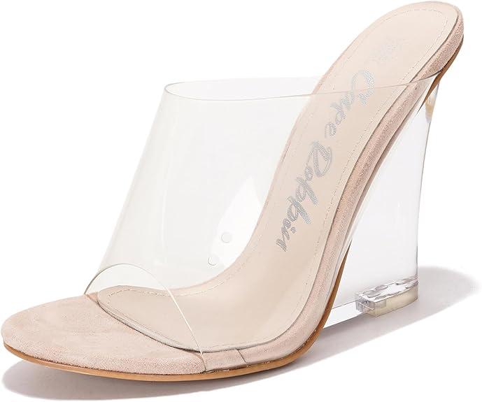 Women's Clear Wedge Heels - 4 Inch Open Toe Chunky Heels with Transparent Upper & Genuine Leather Sole | Slip-On Comfortable Dress Shoes | Fashion Platform Sandals (Lemonade.A) - Cork 9 Women's Clear Wedge Heels - 4 Inch Open Toe Chunky Heels with Transparent Upper & Genuine Leather Sole | Slip-On Comfortable Dress Shoes | Fashion Platform Sandals (Lemonade.A) - Cork 9